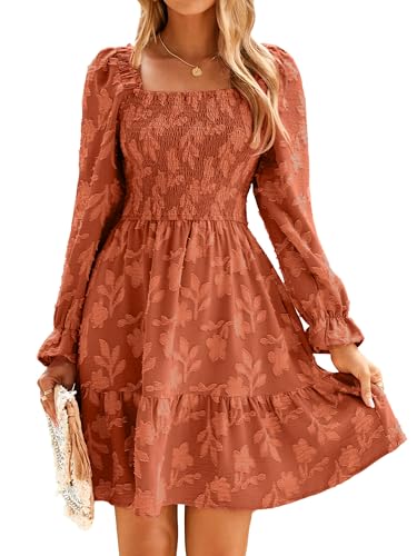 BerryGo Womens Square Neck Fall Long Sleeve Mini Dress Smocked Swing Ruffle Wedding Guest Dress Orange L