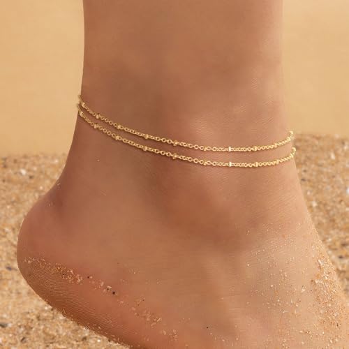 Image of Robaice Ankle Bracelets for Women, Glitter Waterproof Adjustable Anklet for Women, 14K Gold Plated /Sterling Silver Layered Anklets, Summer Beach Anklet Jewelry for Women Gift