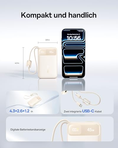 Baseus FC11 Powerbank 45W 20000mAh Tragbares Ladegerät mit Dual Integriertem Kabel, CCC Kleine Powerbank mit Smart Display, Einziehbares Kabel, Akkupack für iPhone 17/16, iPad, Laptop, Samsung, Pixel 2