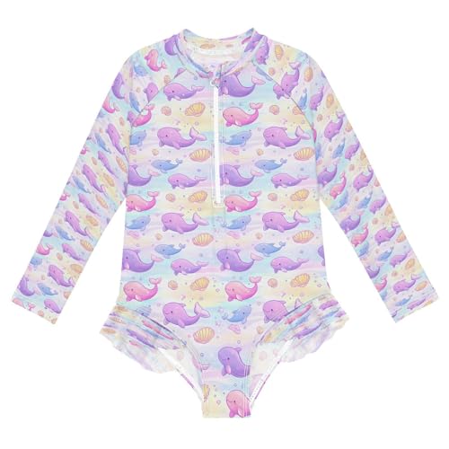 Cute Purple Dolphin A Girls Long Sleeve Swimsuits One Piece Zipper Bathing Suit UPF 50+ Rashguard Swimwear