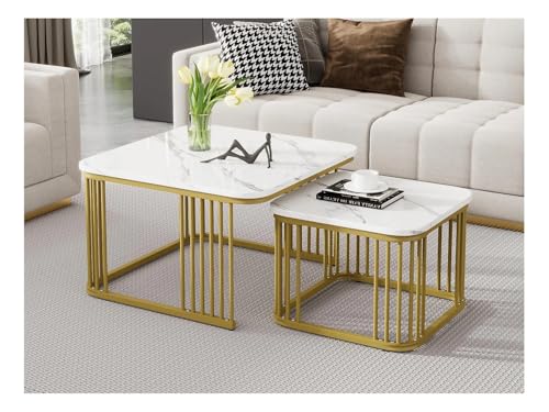 Image of Square Nesting Table Set of 2 for Living Room, Room Decoration Item for Bedroom, Coffee & Side Table with Marble MDF White Top and Iron Base (White Gold)