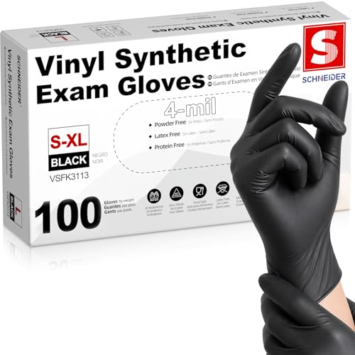 Schneider Black Vinyl Exam Gloves, 4mil, Disposable Latex-Free, Plastic Gloves for Medical, Cooking,...