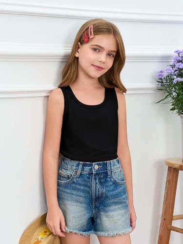 Image of Haloumoning Girls Tank Tops Kids Summer Crewneck Sleeveless Shirts Dancewear 5-14 Years