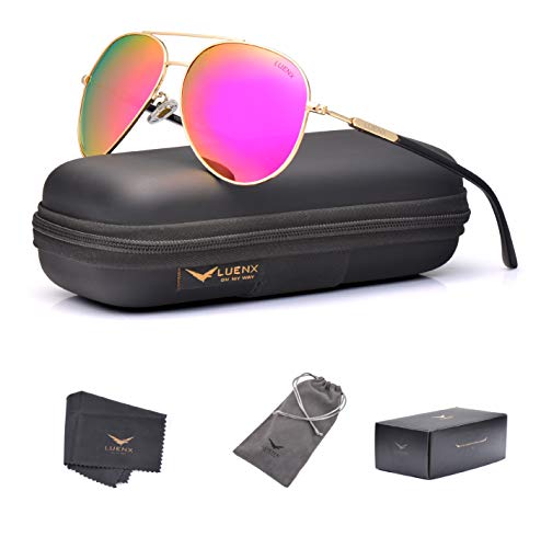 LUENX Aviator Sunglasses for Women Polarized Mirrored Rose Red Lens Gold Metal Frame