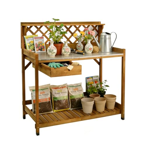 Outdoor Garden Potting Bench with Metal Tabletop Weatherproof Wooden Potting Table with Metal Hooks Sliding Drawer Large Open Storage Shelf Lattice Back