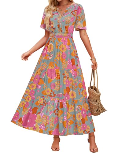 Image of ZESICA Women's 2026 Summer Spring Floral Boho Maxi Dresses Casual Short Sleeve V Neck A Line Flowy Beach Vacation Dress