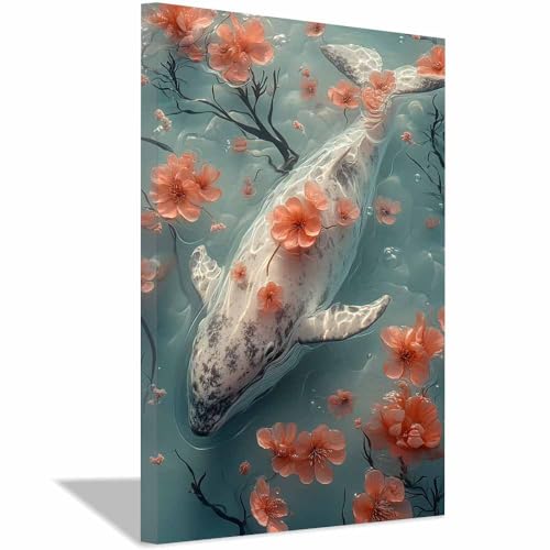 Baleine avec fleurs roses tableau décoratif style Renaissance pour salon élégant QUSAAOU
