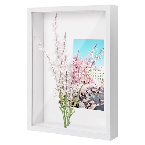 3D Bilderrahmen zum Befüllen, 3D Tief Objektrahmen A4, Schattenbox Vitrine Rahmen mit Transparente Acrylplatte Rahmen, Hölzern 3D Rahmen für Erinnerungsstücke Blumen Medaillen Foto (Weiß 3CM)