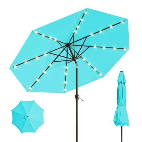 9FT Solar Umbrella 32 LED Lighted Patio Umbrella Table Market Umbrella w/Tilt and Crank, UV-Resistant Outdoor Umbrella for Pool, Garden, Deck, Aqua Blue