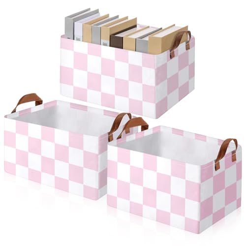 Image of Boao 3 Pcs Pink and White Checkered Storage Basket with Handle Cute Car Baskets Gingham Classroom Laundry Toy Storage Bin Organizer Canvas Plaid Hamper for Dormitory Home Nursery Bathroom Bedroom