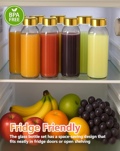 Image of Zukro Glass Water Bottles with Gold Lids 10.5 oz, 6 Pack Clear Reusable Glass Small Juice Bottles for Juicing, Milk, Ginger Shot, Stainless Steel Cap, BPA-Free Leak Proof 300ml Drinking Container Jar