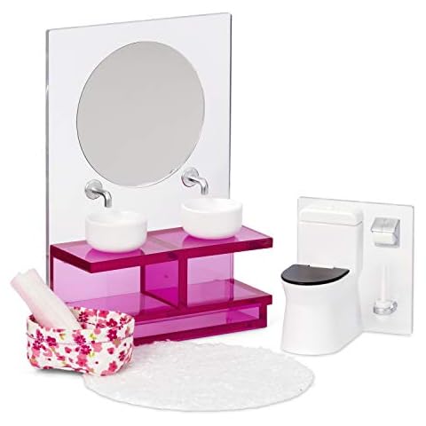 LUNDBY Dolls House Furniture Bathroom Set - Mirror Vanity Unit with 2 Sinks + Toilet - Doll House Accessories - 5-piece set for 11cm Mini Dolls - Age 4+ 1:18 Cover