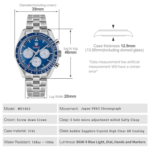 Image of watchdives WD1863 Men Chronograph Watch Japan VK63 Quartz Sports Watches 40mm Bubble Sapphire Crystal Wristwatch 100M Dive Watch