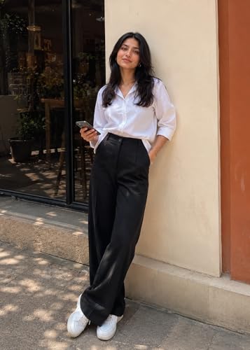 Image of Korean Pants for Woman | High Waist Wide Leg Trouser | Formal Office Casual Wear | Zero See-Through Semi-Stretchable Fabric