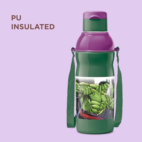 Image of Milton Marvel Kool Elite 600 Insulated Water Bottle for School Kids I Food Grade, Leak Proof Flip Top Lid, Easy to Carry Loop, Insulated Thermo Sipper Bottle for Kids, 492 ml, Dark Green (Hulk Print)