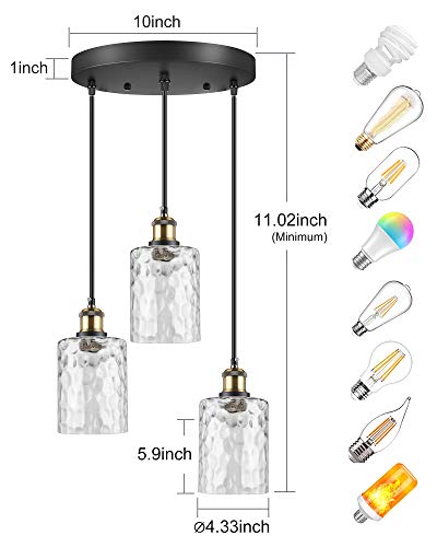 WENFENG 3-Light Pendant Lighting, Adjustable Hanging Light Fixtures, Flush Mount Ceiling Chandelier, Water Ripple Glass Shade E26 Bronze Base, for Kitchen Island Hallway Dinning Room - Thumbnail 7