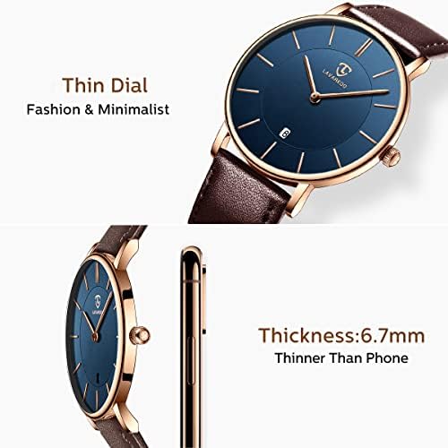 Watch, Mens Watch, Minimalist Fashion Simple Wrist Watch Analog Date with Leather Strap Brown Blue