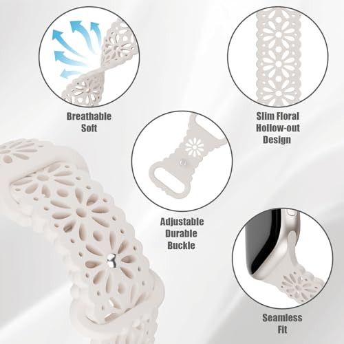 Image of 4 Pack Slim Lace Silicone Bands Compatible for Apple Watch 38mm 40mm 41mm 42mm 44mm 45mm 46mm 49mm, Thin Hollow-out Floral Breathable Strap for iWatch Series 11 /10 /9 /8 /7 /6 /5 /4 /3 /2 /1Ultra SE Women Men