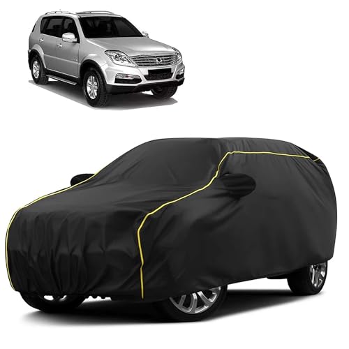 Image of Sulfar 100% Water Resistant Car Body Cover Compatible with Mirror for SsangYong Rexton (Triple Stitched, Full Bottom Elastic, Black Taffeta with Yellow Piping)