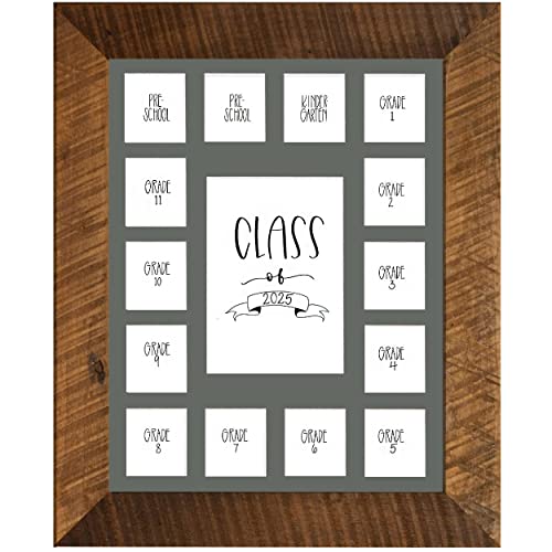 Image of Rustic Red Door Co. School Years Reclaimed Wood Picture Frame - 11x14 Wooden Framed 15 Photo Collage Mat Pre-School & Kindergarten to 12th Grade High School Graduation (Class of 2025, Grey)