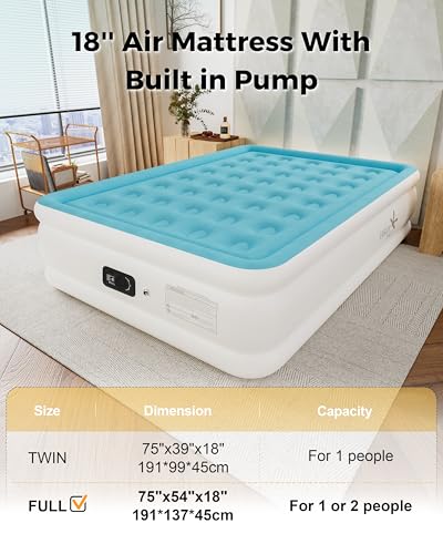 Image of Full Air Mattress with Built-in Pump, Single Air Bed with Portable Storage Bag, Suitable for Home and Guests, Top Flocking, 18 inch Full Sky Blue