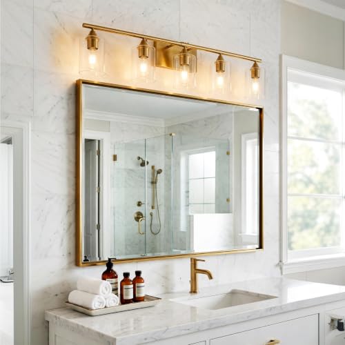 Image of 5 Light Bathroom Vanity Light Brushed Gold,32 inch Bathroom Light Fixtures,Gold Wall Sconces for Living Room Bedroom,E26 Base