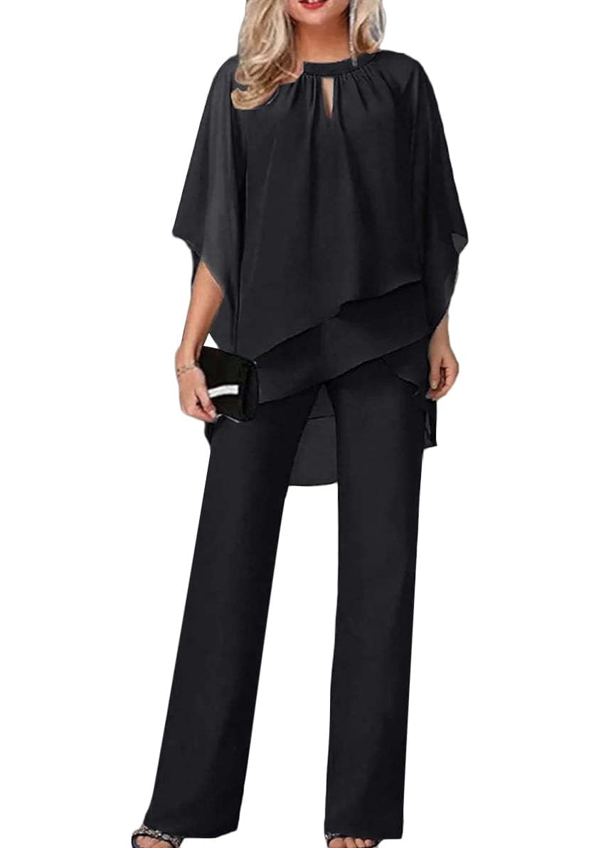 Generisch Traje de pantalón para mujer, de tul, juego de dos piezas con camisa de gasa y cintura alta, elegante, vintage, traje de 2 piezas para cóctel, fiesta, traje de pantalón para mujer, seda