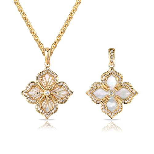 MEVECCO Gold Four Leaf Clover Necklace for Women 14K Gold Plated Clover Pendant Necklace Double Side With Diamond Vintage Filigree Flower Necklace Gift