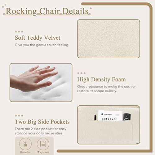 Kinffict Accent Rocking Chair, Teddy Velvet Tufted Upholstered Glider Rocker For Nursery, Comfy Armchair With Side Pockets, Modern Lounge Arm Chair For Living Room, Bedroom (Teddy Beige) #TOP4