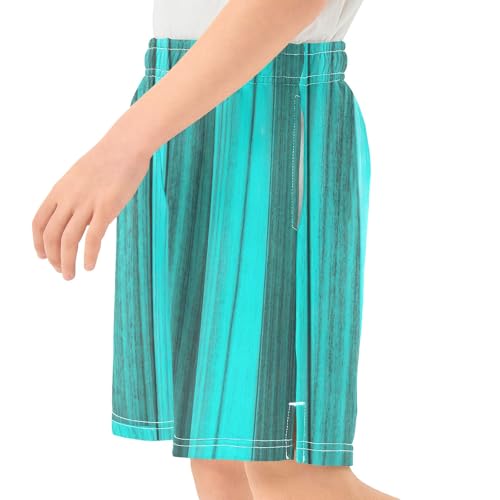 Turquoise Wood Texture Youth Boys Summer Shorts Elastic Waist Trendy Above-The-Knee Boys Athletic Shorts XS4