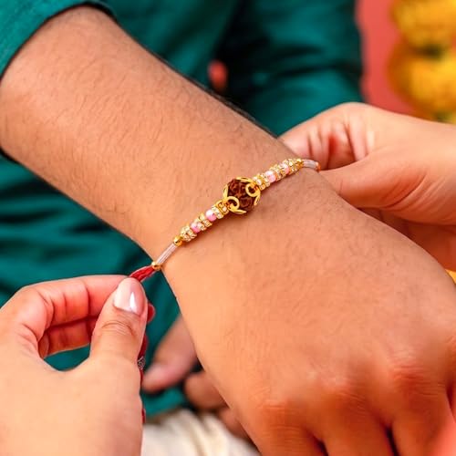 Image of Peora CZ Pearl & Crystals Studded Thread Rakhi for Brother Bhaiya | Combo Set of 3 | Raksha Bandhan Hamper with Roli Chawal & Greeting Card