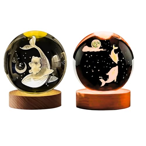 Image of 2Pcs 3D Crystal Old Dolphin Lamp | Classic & Modern New Dolphin Design with USB Power & Wooden Base | A Unique Home Decor, Desk & Office Perfect for Girls, Boys,