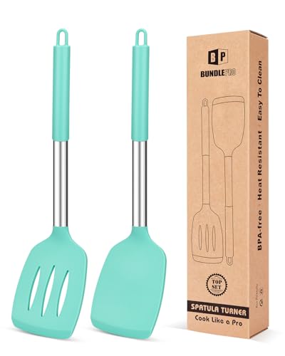 Image of Pack of 2 Silicone Solid Turner,Non Stick Slotted Kitchen Spatulas,High Heat Resistant BPA Free Cooking Utensils,Ideal Cookware for Fish,Eggs,Pancakes