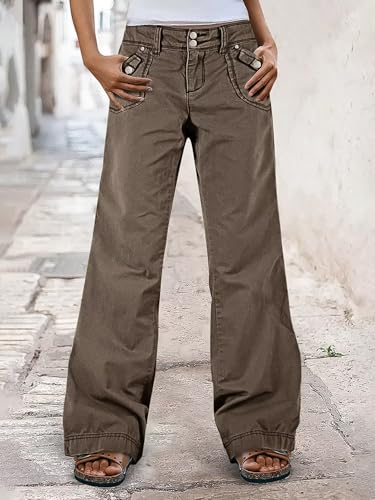 Flamingals Straight Leg Pants for Women Mid Rise Baggy Cargo Solid Dual Button Patch Pocket Casual Pants3