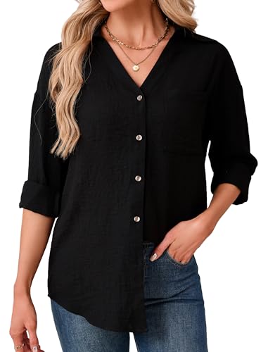 Enmain Leinenbluse Schwarz Damen Leinenhemd Sommer Baumwolle Leinen Bluse Damen V-Ausschnitt Hemdbluse Langarm Oberteile Lässig Leicht und Luftig...