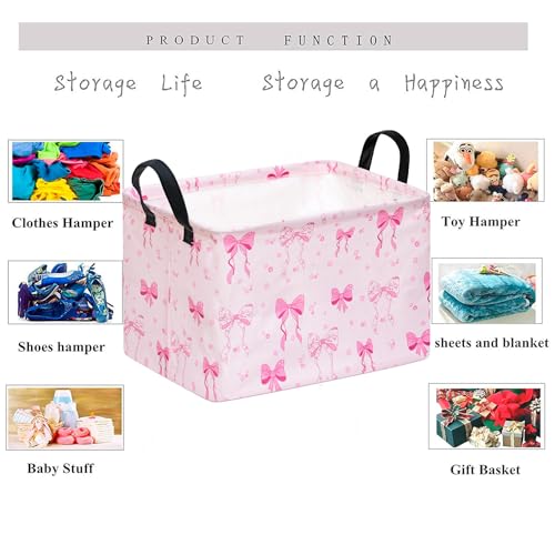 Image of Gift Toy Storage Basket for Girls, Storage Organizer for Nursery Hamper Home Bedroom Laundry Hamper Shelf Baskets Pink Bowknot Pattern