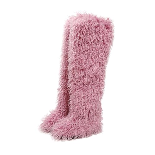 Image of Black Thigh High Fur Boots, Over the Knee Fluffy High Boots, Tall Furry shoes for Women