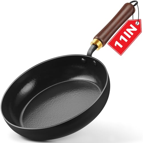 Comparison: Best Non Stick Carbon Steel Cookware 4 BrBrGo Carbon Steel Skillet, 11-Inch Nonstick Frying Pan, Stay-Cool Wooden Handle, Non Toxic, PTFE & PFOA Free Oven-Safe, Season-Free Enameled Carbon Steel Pan