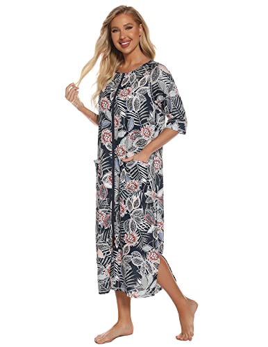 Image of Veseacky Women Robe Zipper Front House Coat 3 /4 Sleeve Nightgown Full Length Ladies Lounge Dress with Pockets S-XXL