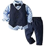FAIRYRAIN Kinder Jungen Gentleman 3tlg Langarm Hemd+Hose+ Weste+Fliege Krawatte Anzug Taufe Hochzeit Sakkos Bekleidungsset Outfits