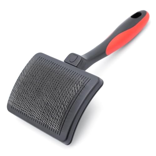 Image of Jeffers Pet Self-Cleaning Slicker Brush for Dogs & Cats - Self Cleaning Button, Removes Tangles & Loose Hair, Non Slip Handle for Easy Grooming, Go To Gift for Pet Owners - Black, Red - Large