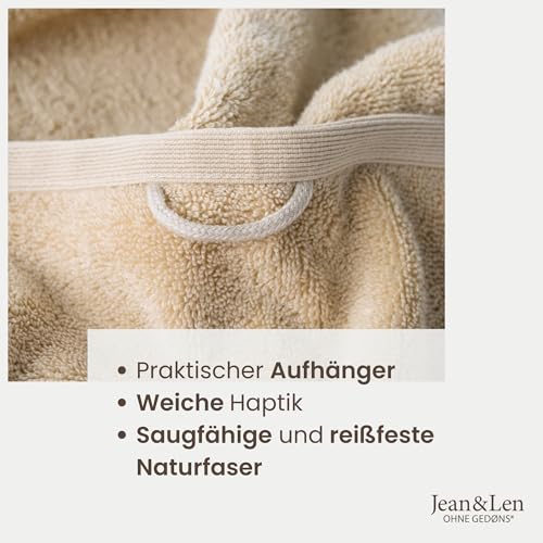 Jean & Len Gästehandtuch aus 100% Bio-Baumwolle, in der Farbe beige, mit Aufhänger, Oeko-TEX und GOTS Zertifiziert, Markenlabel aus veganem Leder, Gästehandtücher 30x50 cm