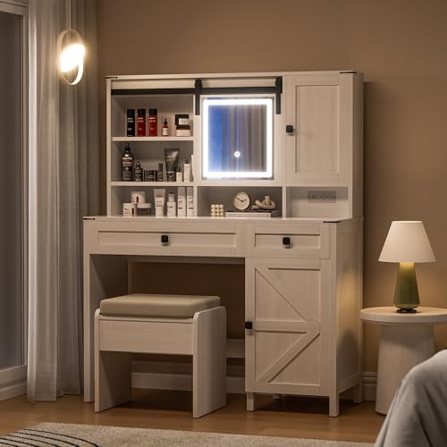 Farmhouse-Vanity-and-Vanity-Stool-Makeup-Vanity-Mirror-with-Lights-Built-in-Power-Strip-with-2-Silent-Sliding-Drawers-Storage-Cabinets2-Storage-Shelves-Vanity-for-Bedroom-White Farmhouse Vanity and Vanity Stool Makeup Vanity Mirror with Lights Built in Power Strip with 2 Silent Sliding Drawers Storage Cabinets2 Storage Shelves Vanity for Bedroom White