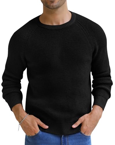 NITAGUT Men’s Jumpers Classic Crew Neck Waffle Textured Knit Sweaters Winter Warm Long Sleeve Pullover with Ribbing Edge,Black,M