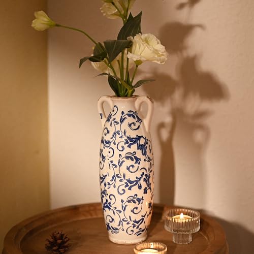 VICTOR & TERESA Blue and White Floor Vase for Pampas Grass, 11'' Tall Vase for Home Decor, Ceramic Farmhouse Decorative Large Vases for Flower, Mantel, Living Room, Shelf, Centerpieces, Gift for Mom - Image 5