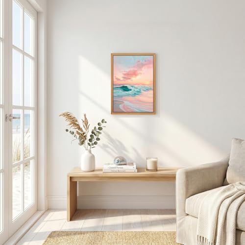 Framed Beach Wall Art, Abstract Pink Cloud Waves Pictures Wall Decor Painting,Coastal Sea Sunset scene Canvas Prints for Bedroom Bathroom Dorm room Beach House-12×16inch by GCYDZH - Used condition - Image 2