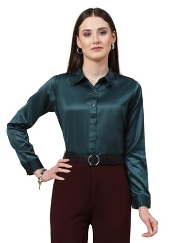 Image of Style Quotient Women Olive Satin Regular Formal Shirt