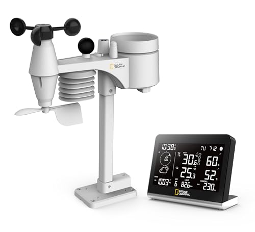National Geographic Station Météo Radio SC avec Capteur Extérieur 8-en-1, Écran à Changement de Couleur, Température, Humidité, Anémomètre, Pluviomètre, UV, WBGT