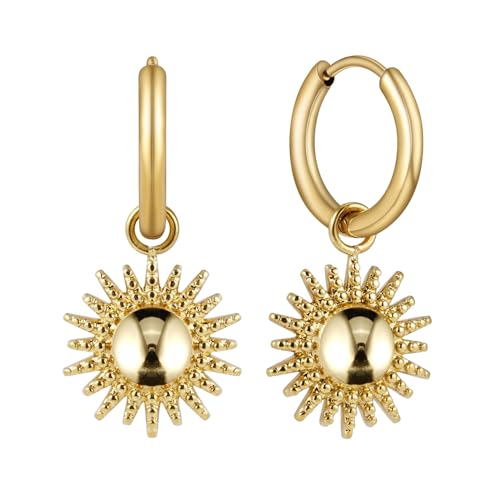 BONNYBIRD® Creoles Or Femme Pendentif Soleil Acier Inoxydable Bohème Boucles d'Oreilles Pendantes Ete Bijoux Plaqué Or Jaune Doré Hypoallergénique Sans...