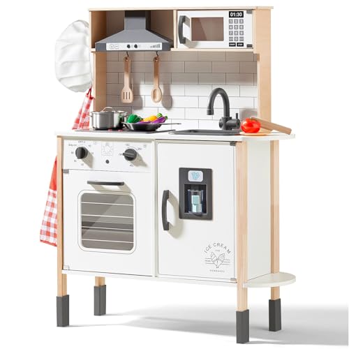 Tiny Land Play Kitchen for Kids, Wooden Kids Play Kitchen Playset Chef Pretend Play Set for Toddlers with Real Lights & Sounds, Toys Kitchen with 18 Pcs Toy Food & Cookware Accessories